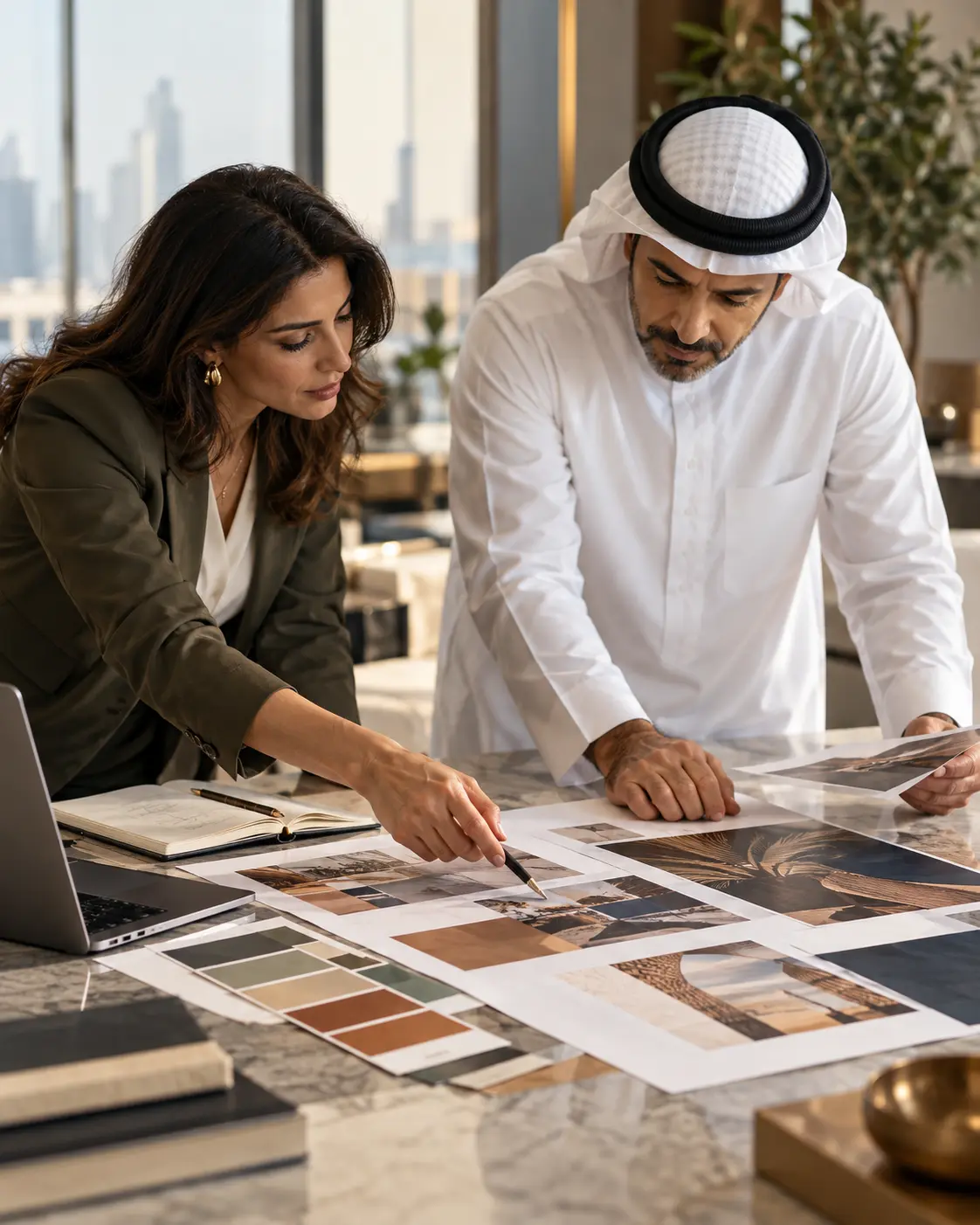 Marketing partners reviewing brand materials together