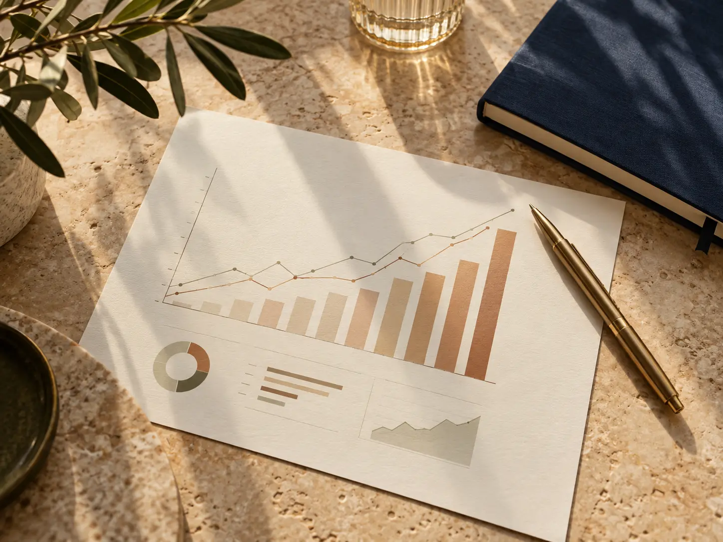 Marketing growth plan with performance charts and a brass pen